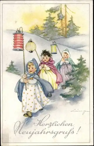 Künstler Ak Glückwunsch Neujahr, Mädchen, Lampions, Tannenbäume