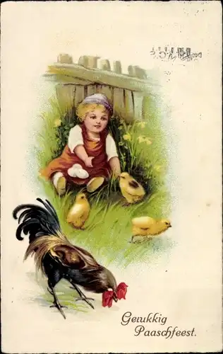 Ak Glückwunsch Ostern, Mädchen, Küken, Hahn