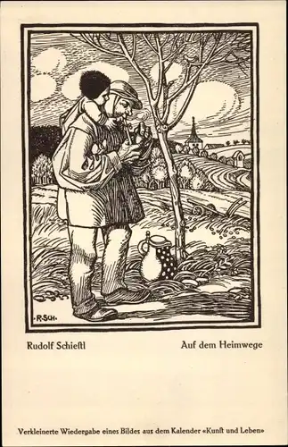 Künstler Ak Schiestl, Rudolf, Auf dem Heimwege, Mann mit Kind auf dem Weg nach Hause