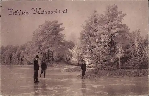 Ak Glückwunsch Weihnachten, Eislaufen, Wald, Gefrorener See