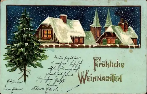 Ak Glückwunsch Weihnachten, Tannenbaum, Häuser, Schnee