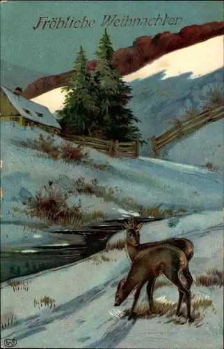 Ak Glückwunsch Weihnachten, Zwei Rehe an einem Fluss, Winterlandschaft, EAS