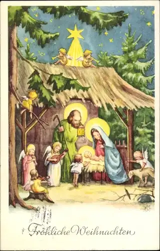 Ak Glückwunsch Weihnachten, Heilige Familie, Engel