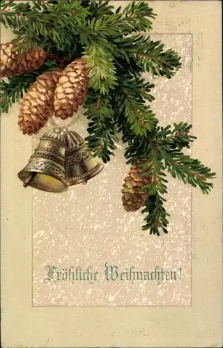Ak Glückwunsch Weihnachten, Glocken, Tannenzweig, Zapfen