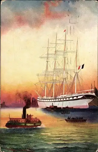 Künstler Ak Segelschiff, Dampfer, Ruderboot
