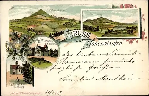 Litho Hohenstaufen Göppingen in Württemberg, Kirche auf dem Rechberg, Barbarossa Kirchlein