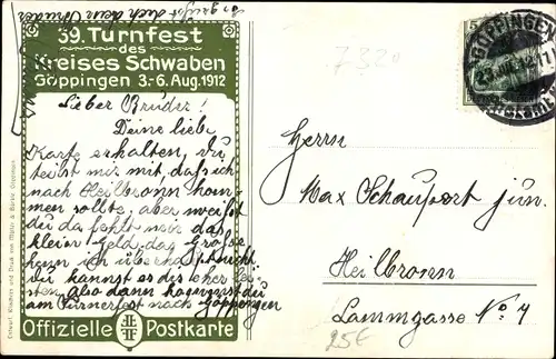 Ak Göppingen in Württemberg, 39. Turnfest des Kreises Schwaben 1912