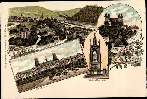 Litho Nassau an der Lahn, Kurhaus, Kloster Arnstein, Steins Denkmal, Panorama
