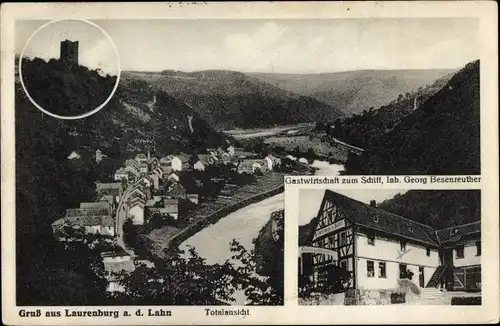 Ak Laurenburg an der Lahn, Panorama, Burg, Gastwirtschaft zum Schiff