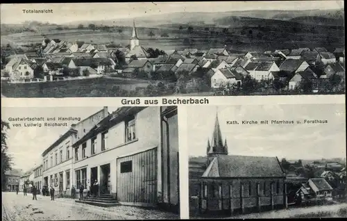 Ak Becherbach bei Kirn Pfalz, Panorama, Kath. Kirche, Pfarrhaus, Forsthaus, Gastwirtschaft, Handlung