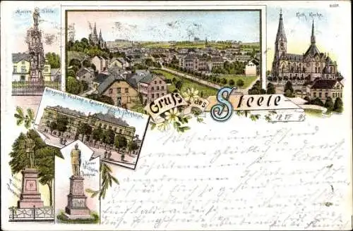 Litho Steele Essen im Ruhrgebiet, Panorama, Kath. Kirche, Amtsgerich, Postamt, Denkmal