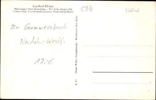 Ak Mittelagger Derschlag Gummersbach im Oberbergischen Kreis, Gasthof Heniz