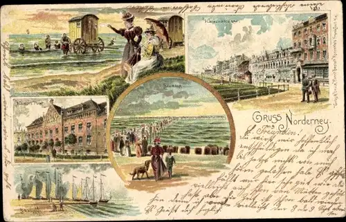Litho Norderney in Ostfriesland, Badewagen, Kaiserstraße, Post, Seesteg, Schaluppen