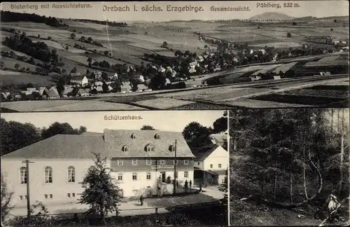 Ak Drebach im Erzgebirge Sachsen, Gesamtansicht, Bluterberg m. Aussichtsturm, Schützenhaus