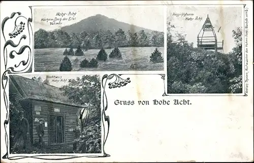 Jugendstil Ak Adenau Eifel, Hohe Acht, Blockhaus, Aussichtsturm, Berg, Wiese