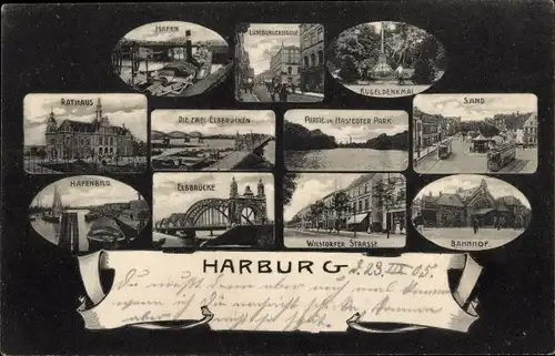 Ak Hamburg Harburg, Rathaus, Hafen, Elbbrücken, Sand, Bahnhof, Hafenbild