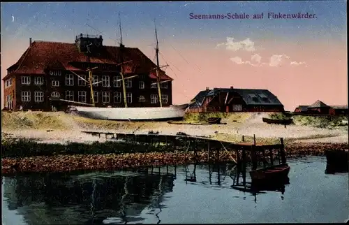 Ak Hamburg Mitte Finkenwerder, Die Seemannsschule vom Elbufer gesehen, Segelschiff, Steg