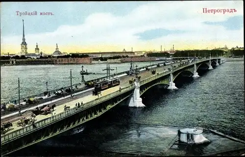 Ak Petrograd Sankt Petersburg Russland, Troizki Brücke, Straßenbahn