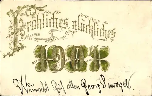 Präge Ak Glückwunsch Neujahr, Jahreszahl 1901, Kleeblätter