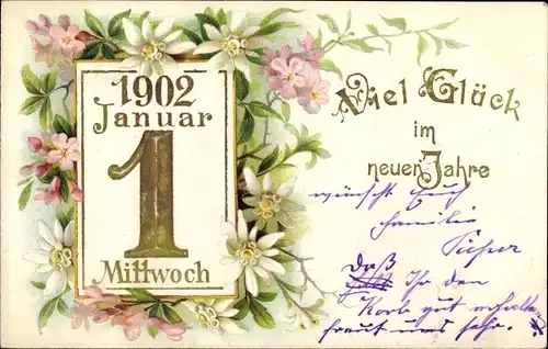 Präge Ak Glückwunsch Neujahr, Jahreszahl 1902, Kalenderblatt, Edelweiß