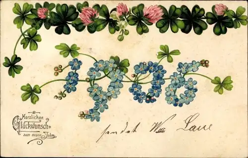 Präge Ak Glückwunsch Neujahr, Jahreszahl 1906 aus Vergissmeinnicht, Kleeblätter