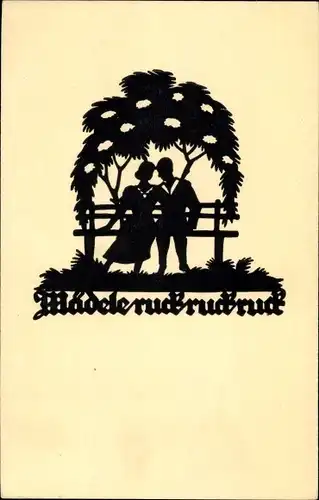 Scherenschnitt Künstler Ak Schwindt, A.M., Mädele ruck ruck ruck, Liebespaar