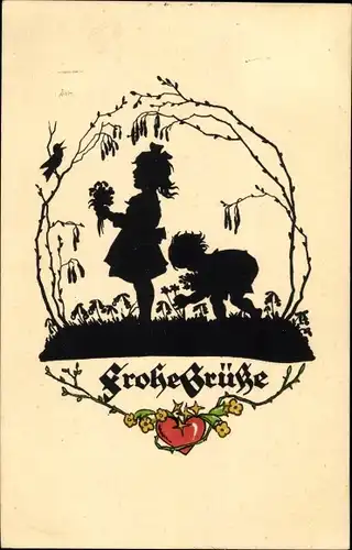 Scherenschnitt Künstler Ak Plischke, Georg, Frohe Grüße, Kinder, Blumen