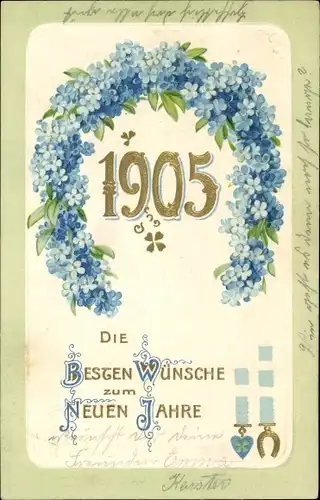Präge Ak Glückwunsch Neujahr, Jahreszahl 1905, Hufeisen aus Vergißmeinicht