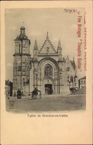 Ak Beaufort en Vallée Maine et Loire, Eglise, Kirche, Reklame Fine Bretagne "Theophile Guillon"