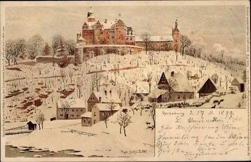 Künstler Litho Hoffmann, Rud., Rochsburg Lunzenau in Sachsen, Blick auf das Schloss, Winterszene