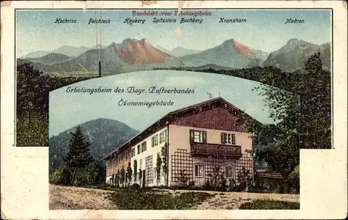Ak Brannenburg in Oberbayern, Erholungsheim d. Bayr. Postverbandes, Ökonomiegebäude, Gebirge
