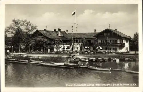 Ak Stock Prien am Chiemsee Oberbayern, Gasthaus Westernacher, Boote