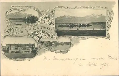 Ak Herrenchiemsee Chiemsee in Oberbayern, Schloss, Springbrunnen, Fraueninsel, Altstadt