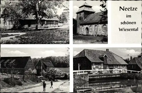 Ak Neetze in der Lüneburger Heide, Kirche, Jugendheim, Wassermühle, Neue Schule