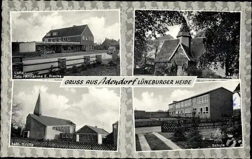 Ak Adendorf in Niedersachsen, Kapelle, Schule, Kirche, Geschäft E. Riecke
