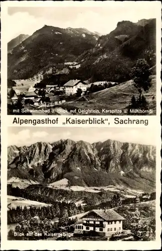 Ak Sachrang Aschau im Chiemgau Oberbayern, Gasthof Kaiserblick, Schwimmbad, Geiglstein, Karspitze