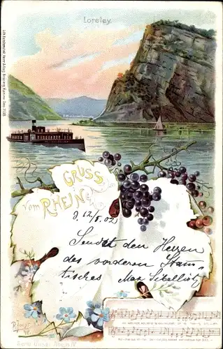 Litho St. Goarshausen am Rhein, Partie an der Loreley, Binnendampfer, Weinblatt mit Rebe