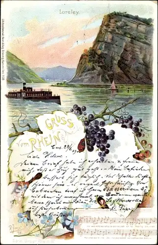 Litho Sankt Goarshausen am Rhein, Loreley, Weinblatt, Noten