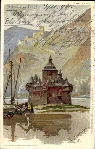 Künstler Litho Schmohl, P., Kaub in Rheinland Pfalz, Burg Pfalzgrafenstein