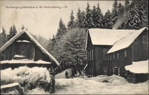 Ak St. Andreasberg Braunlage im Harz, Rehbergergrabenhaus, Außenansicht, Schnee