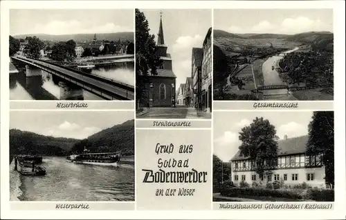 Ak Bodenwerder an der Weser, Weserbrücke, Straßenpartie, Weserpartie, Münchhausens Geburtshaus