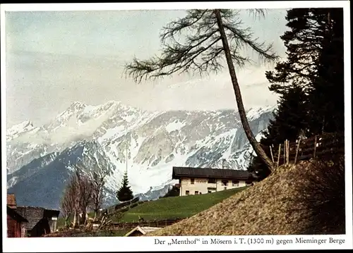 Ak Mösern Telfs in Tirol, Der Menthof gegen Mieminger Berge