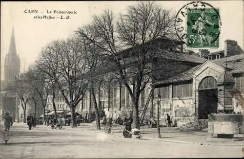 Ak Caen Calvados, La Poissonnerie et les Halle, Fischmarkt, Markthallen, Passanten