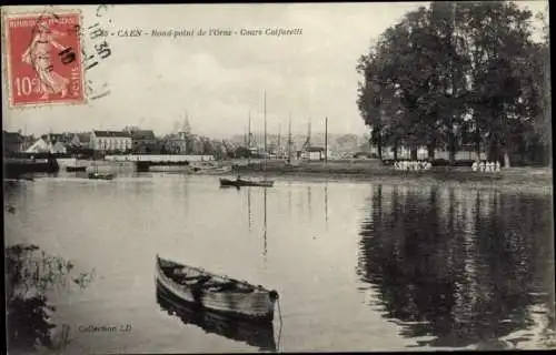 Ak Caen Calvados, Rond-POint de l'Orne, Cours Calfaretti, Boot, Flusspartie, Panorama
