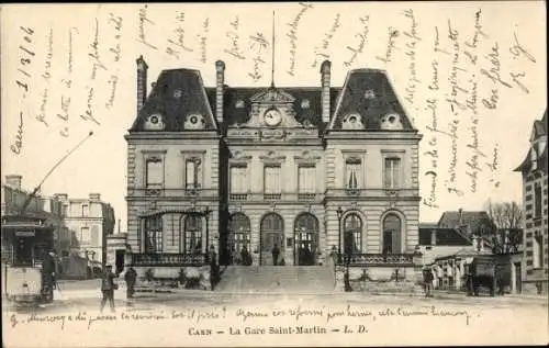 Ak Caen Calvados, la gare Saint-Martin, Straßenseite, Straßenbahn, Fuhrwerke