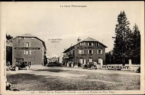 Ak Hôtel de la Faucille Ain, Sommet du Mont Blanc, voitures garées
