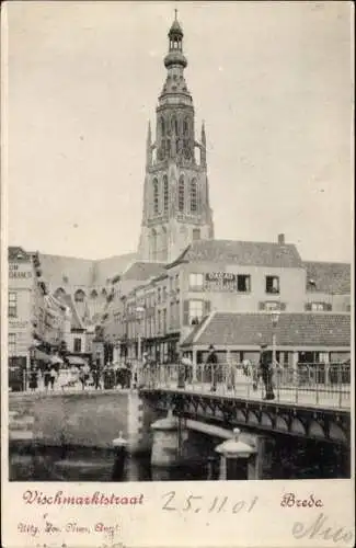 Ak Breda Nordbrabant, Vischmarktstraat, Brücke, Geschäftstraße, Kirchturm