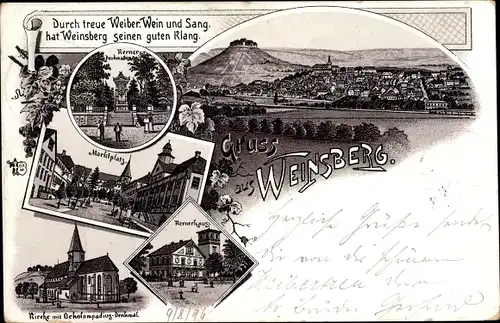 Litho Weinsberg im Kreis Heilbronn, Kernerdenkmal, Marktplatz, Kirche, Oekolampadiusdenkmal