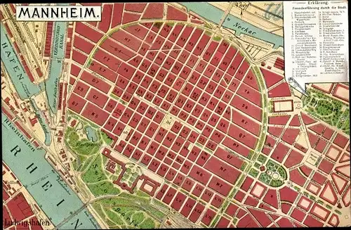 Stadtplan Ak Mannheim in Baden Württemberg, Fremdenführung, Rhein, Hafen, Schlossgarten, Luisenpark