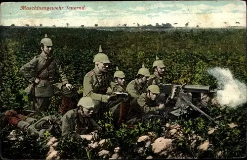 Ak I.WK, Maschinengewehr feuernd, Soldaten in Uniformen, Kaiserreich